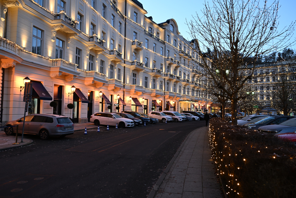 Grand Hotel Pupp from river side in Karlovy Vary in Christmass time