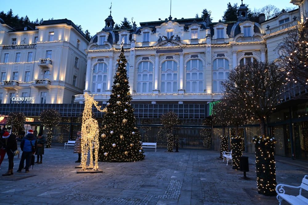 Grand Hotel Pupp with tree in Karlovy Vary in Christmass time