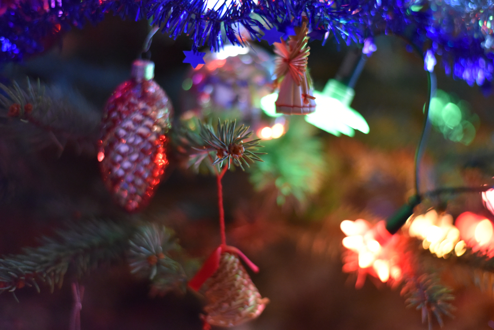 Christmas ornament on tree.