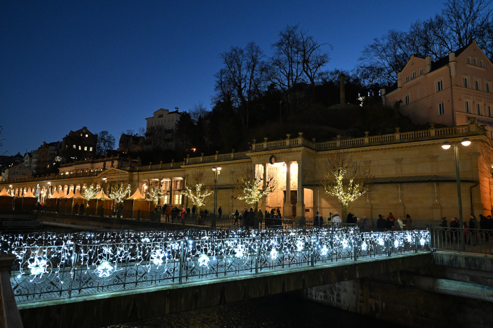 Illuminated bridge in Christmass time, Karlovy Vary