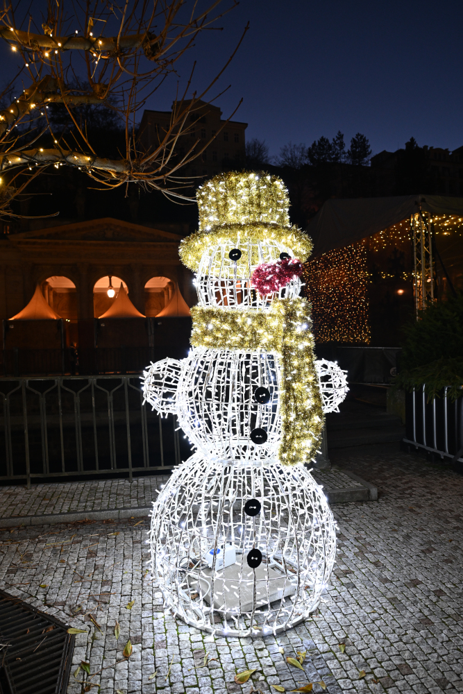 Illuminated snowman during Christmass time in Karlovy Vary.